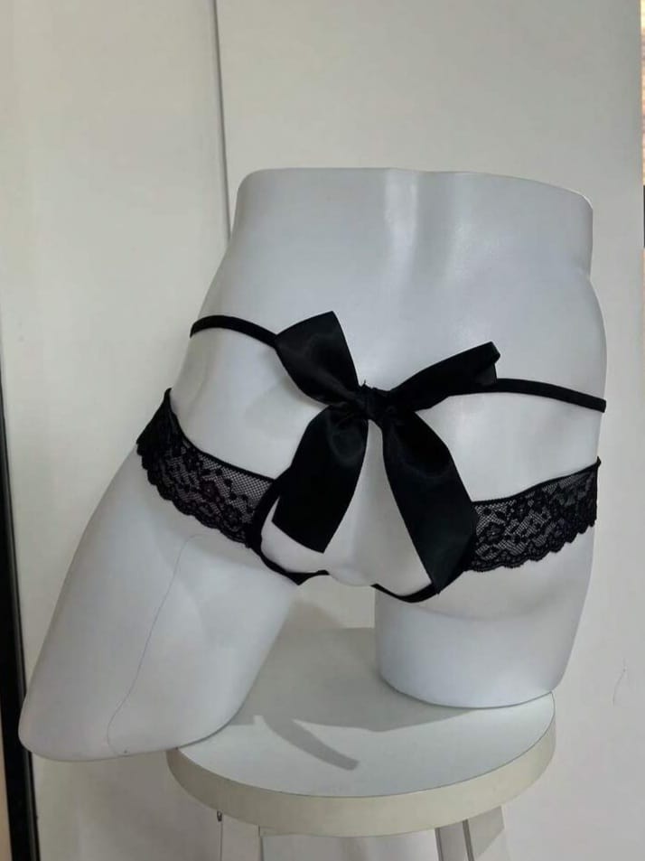 FANDY Men's Lace Patchwork Bow Decor Hollow Out Briefs Underwear